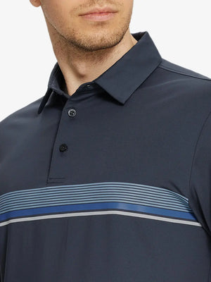 Front chest view of model wearing Chest Print Polo Shirts in Dark Grey