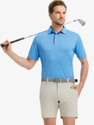 Model in Modern Fit Melange Polo BLUE HEATHER, front half-body holding golf club with relaxed pose.