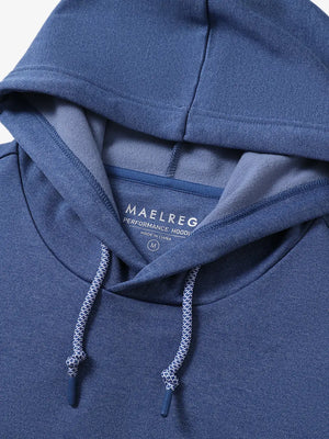 Close-up shot of drawstring and hood details on Blue Heather fleece hoodie
