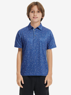 Front half-body shot of youth in blue molecular structure performance print boys golf polo, highlighting design and fit