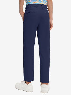 Back lower body view of model wearing the dark blue youth water resistant cotton blend golf pants, highlighting the rear design