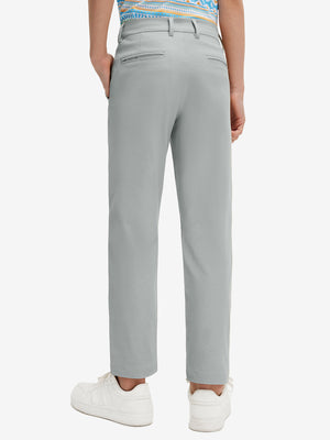 Back lower body view of model wearing the rose dust youth water resistant cotton blend golf pants, highlighting the rear design