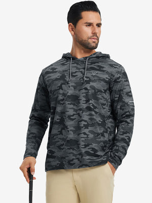 Front upper body of model wearing trendy print fleece hoodies, relaxed fit in dark camouflage