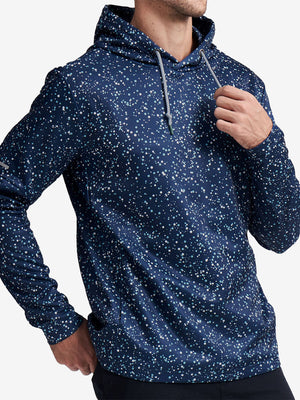 Front upper body of model wearing trendy print fleece hoodies, relaxed fit in polka dots