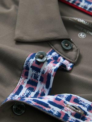 Detail of the collar opening on the light brown everyday classic solid polo, emphasizing the structured neckline design