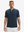 Front half-body view of model wearing navy moisture-wicking short sleeve henley shirt