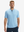 Front half-body view of model wearing light blue moisture-wicking short sleeve henley shirt
