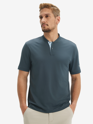 Front half-body view of model wearing dark grey moisture-wicking short sleeve henley shirt