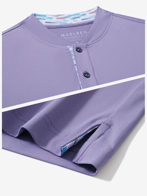 Detail of lavender moisture-wicking short sleeve henley shirt showing collar and hem vent construction.