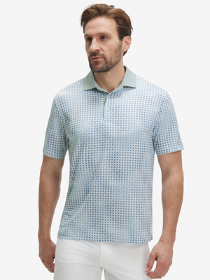 Front half-body of model in bluish abstract lightweight stretch upgraded print golf polo shirts