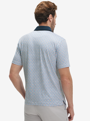 Back half-body of model in colorful vertical stripe lightweight stretch upgraded print golf polo shirts