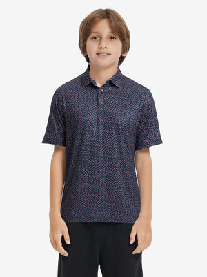 Front half-body shot of youth in navy pink seagull performance print boys golf polo, highlighting design and fit