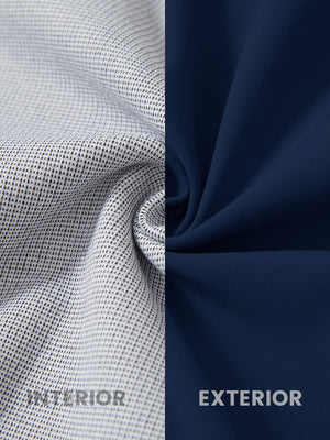 Close-up of fabric on water-resistant heat-tech softshell winter jacket with hood, showing texture in navy.