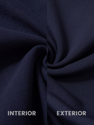 Inside and outer fabric close-up of navy golf lightweight fleece lined dress pants, soft fleece lining.