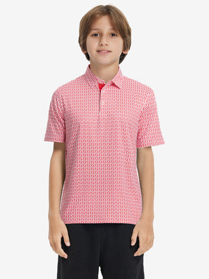 Model front upper body wearing Stylish print boys polo shirts in fresh red lobster style