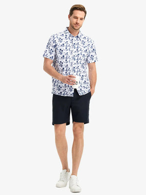 Full-body front view holding a takeaway drink cup, wearing WHITE SAND PINEAPPLE Stylish Printing Summer Shirt.