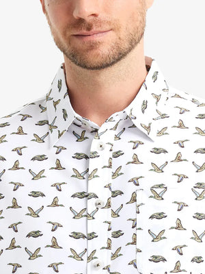 Front view from nose to chest wearing WHITE WILD GOOSE Stylish Printing Summer Shirt.