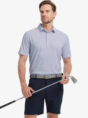 Full body front view of model wearing LAVENDER Your Favorite Jacquard Polo, holding a golf club
