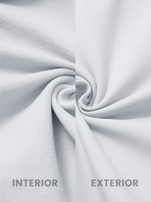 Inside and outer fabric close-up of misty grey ultra-soft brushed fleece lining quarter zip sweatshirt, soft fleece.